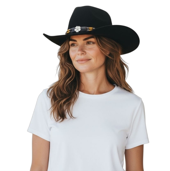 Black Cowboy Hat w/Removable Hat Band Adorned w/Designer Button - Picture 9 of 9